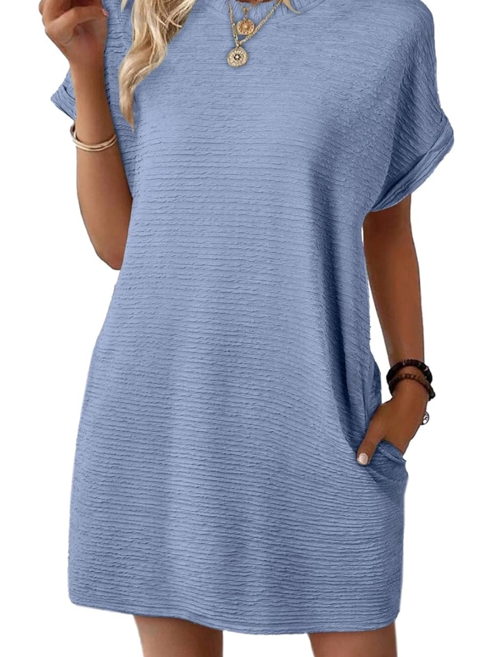 Casual Short Sleeve Ribbed Tunic Dress - Light Blue
